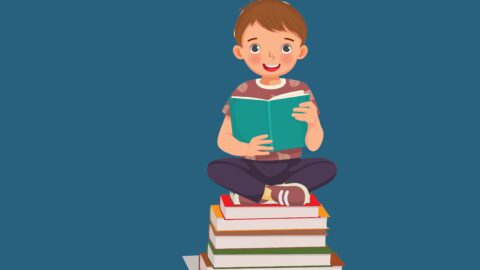 Cartoon of a child sitting on a stack of books and holding a book open.
