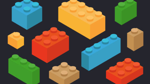 Different coloured lego bricks from different angles.