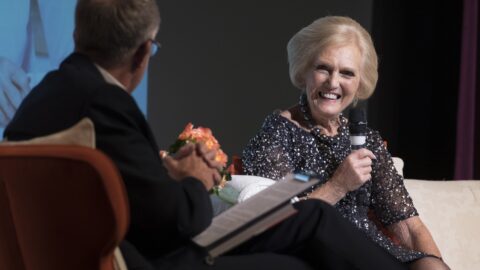 Mary Berry smiling on stage at the Festival.