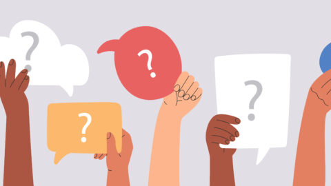 Cartoon of various hands holding speech bubbles with question marks inside.