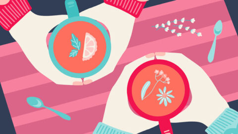 Birds' eye view cartoon of two hands holding drinks.