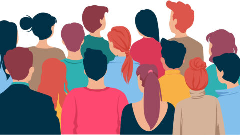 Cartoon crowd of people from behind.