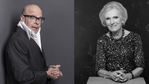 Composite image of headshots of Harry Hill and Mary Berry.